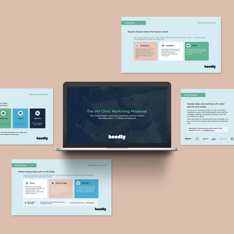 The Vet Clinic Marketing Playbook shown on a laptop with preview pages