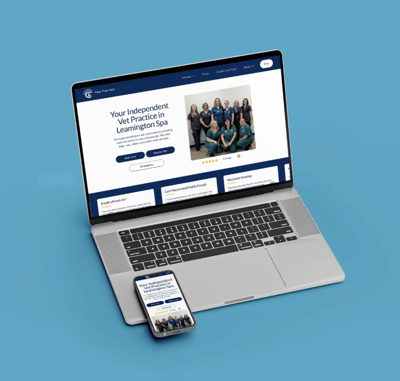 Pear Tree Vets website on a laptop and phone